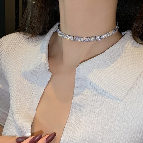 Diamond CZ Rectangle Baguette Tennis Necklace 113 - Picture 3 of 8